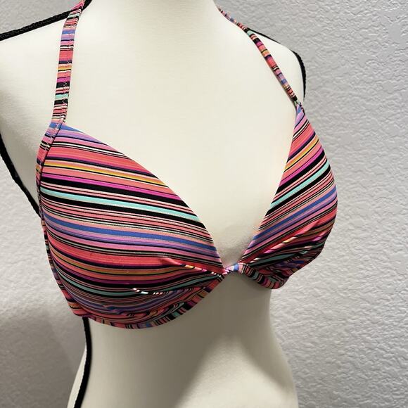 Victoria's Secret The Fabulous Push Up Bikini Top 34DD Pink Black Striped Halter - Picture 2 of 9